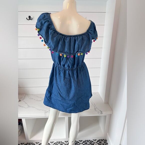 Denim dress with pom poms - Picture 2 of 5